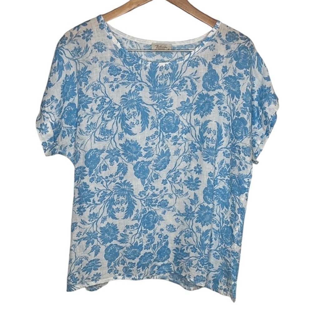 Bellaumbra Blue White Floral Linen Short Sleeve Blouse Women Size M